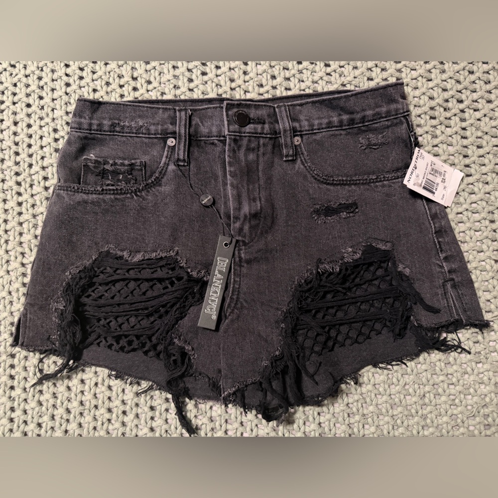 BLANKNYC The Barrow Black Distressed Rips & Mesh Netting Denim Shorts Size 26